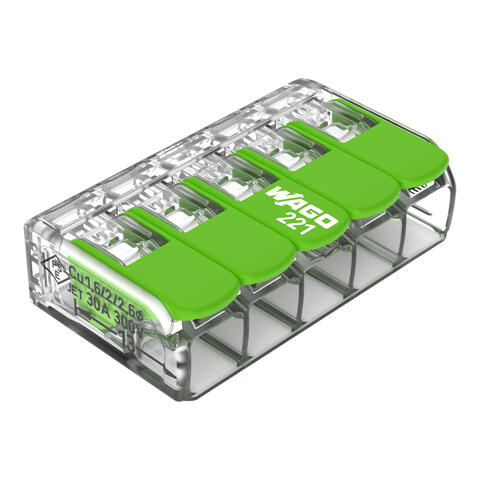 Borne de raccordement avec levier; Pour tous types de conducteurs; max. 6 mm²; 5 conducteurs; Couleur du boîtier transparent; Température ambiante max. 85 °C (T85); 6,00 mm²; transparent