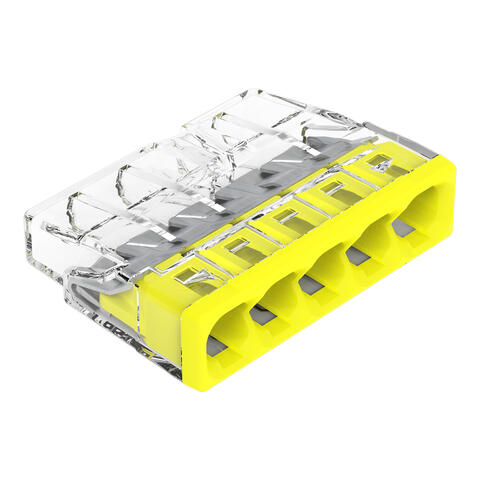Connecteur de passage à enficher; pour conducteurs rigides; max. 2,5 mm²; 5 conducteurs; Couleur du boîtier transparent; couvercle jaune; Température ambiante max. 60 °C (T60); 2,50 mm²; transparent