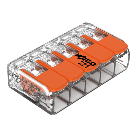 Borne de raccordement avec levier; Pour tous types de conducteurs; max. 4 mm²; 5 conducteurs; Couleur du boîtier transparent; Température ambiante max. 85 °C (T85); 4,00 mm²; transparent