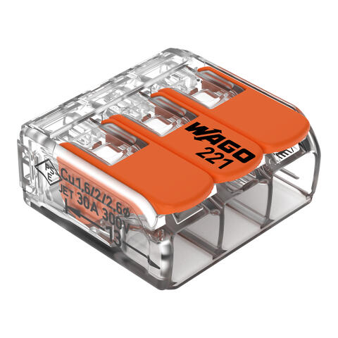 Borne de raccordement avec levier; Pour tous types de conducteurs; max. 6 mm²; 3 conducteurs; Couleur du boîtier transparent; Température ambiante max. 85 °C (T85); 6,00 mm²; transparent