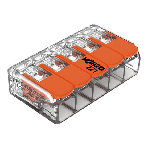 Borne de raccordement avec levier; Pour tous types de conducteurs; max. 6 mm²; 5 conducteurs; Couleur du boîtier transparent; Température ambiante max. 85 °C (T85); 6,00 mm²; transparent