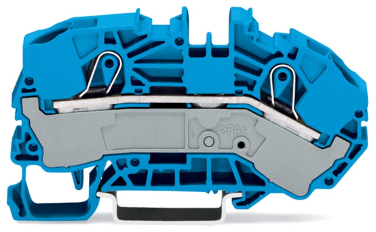 złączka zasilająca 2-przewodowa; 16 mm²; opis z boku i na środku; na szynę TS 35 x 15 i 35 x 7,5; Push-in CAGE CLAMP®; 16,00 mm²; niebieski