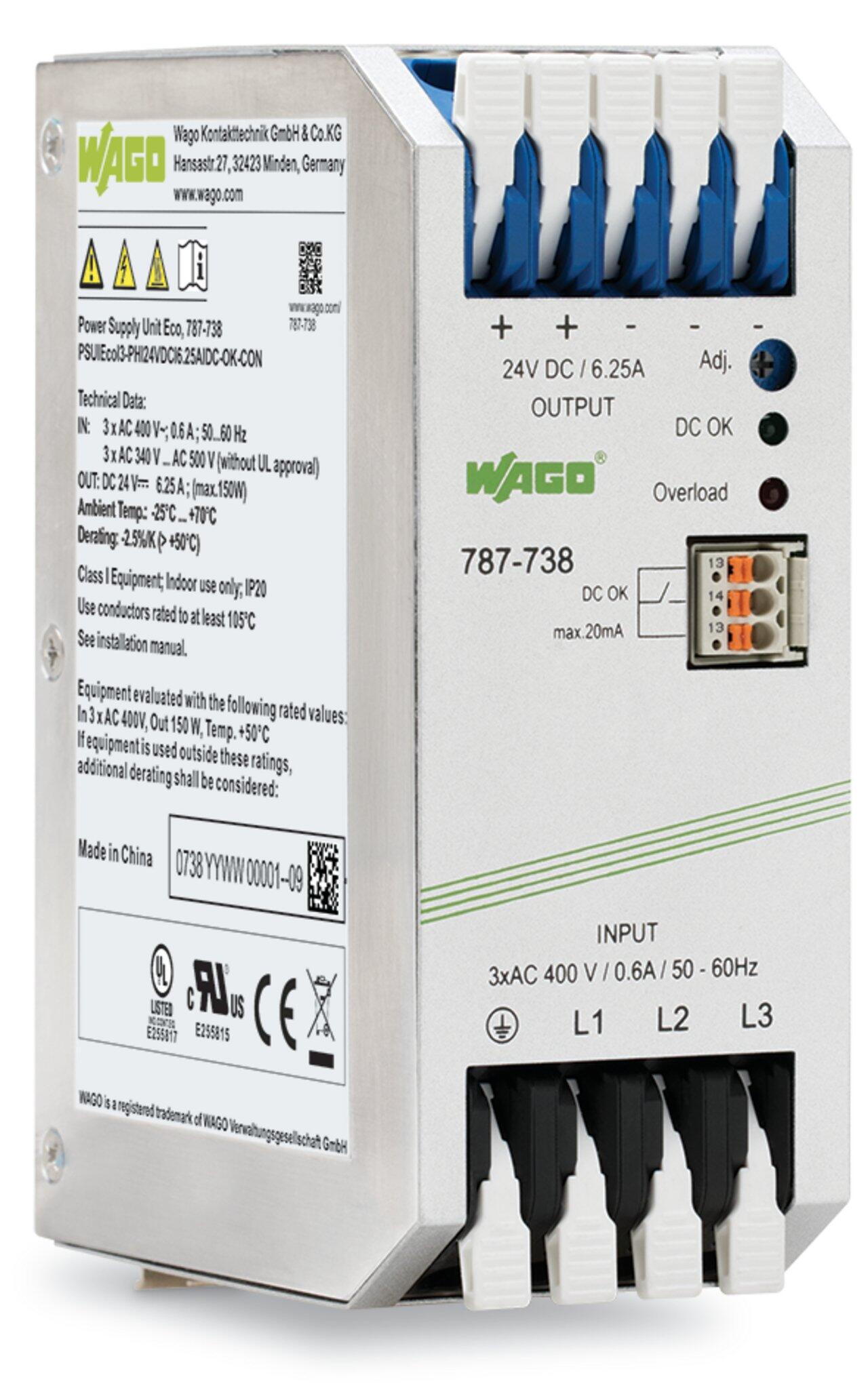 Switched-mode power supply; Eco; 3-phase; 24 VDC output voltage; 6.25 A output current; DC OK contact