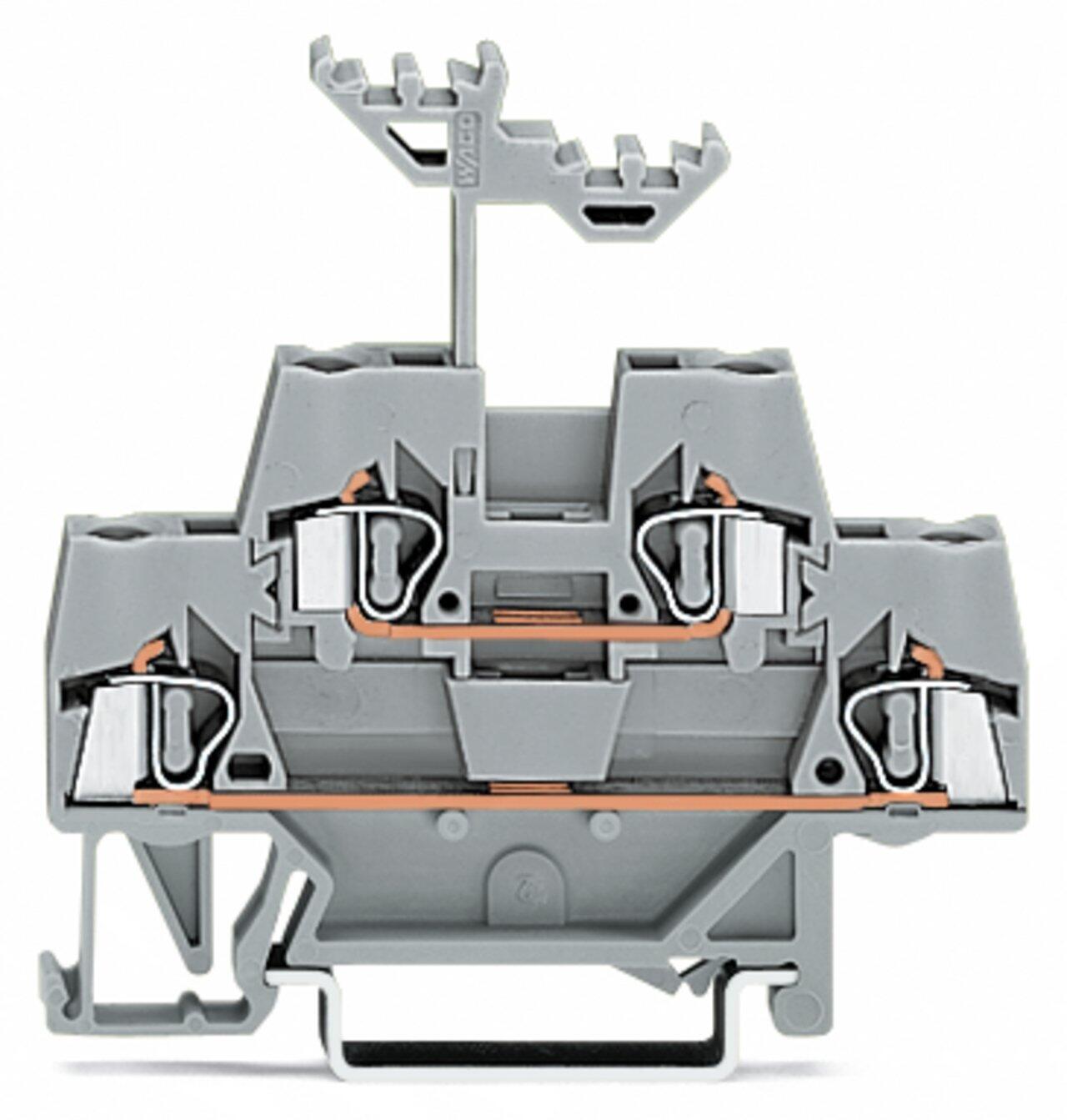 Borna de doble piso; Borna de tierra/de paso; para carril DIN 35 x 15 y 35 x 7,5; 2,5 mm²; CAGE CLAMP®; 2,50 mm²; gris/gris