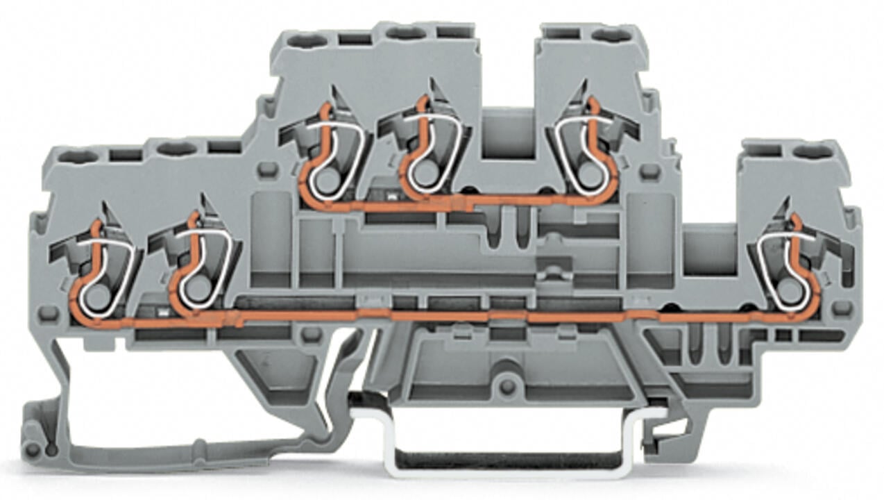 Borna de doble piso 3 conductores; Borna de tierra/de paso; L/L; para carril DIN 35 x 15 y 35 x 7,5; 2,5 mm²; CAGE CLAMP®; 2,50 mm²; gris