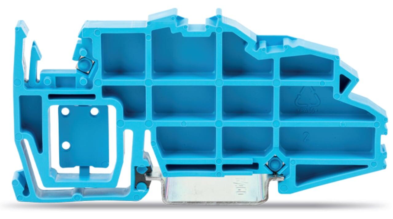 Busbar carrier; with end stop function and detachable separator plate; for DIN 35 rail; 7.5 mm thick; blue