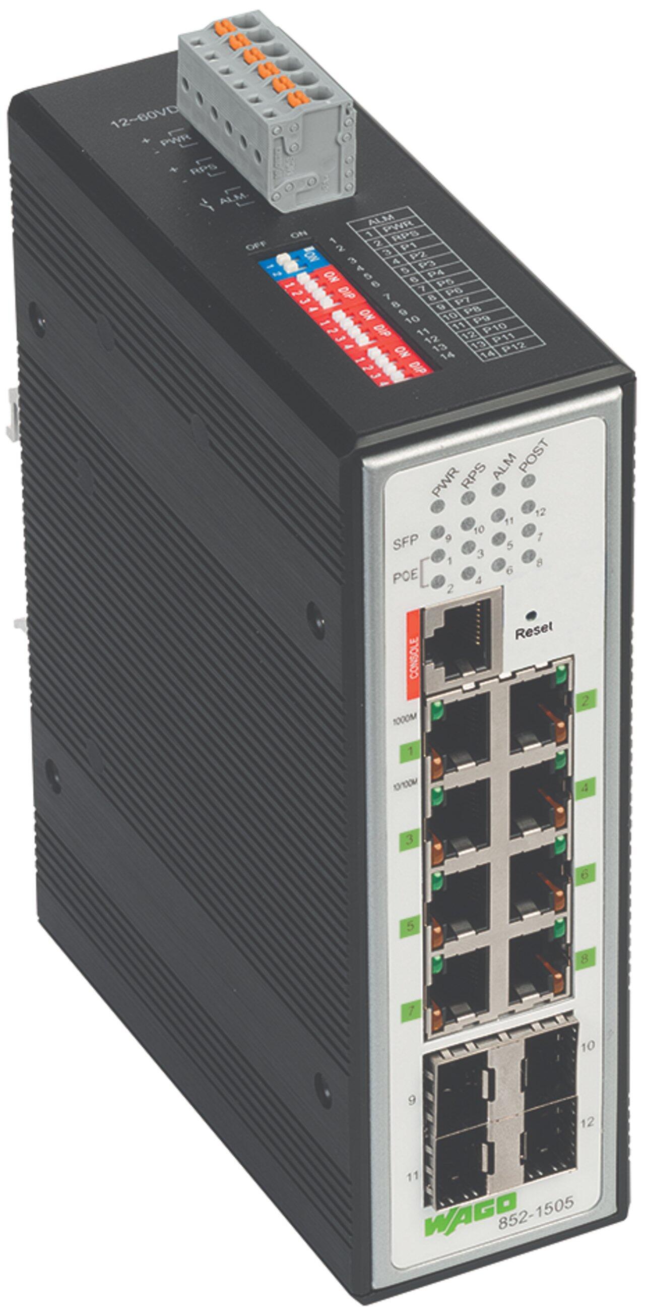 Industrial Managed Switch; 8 ports 1000Base-T; 4 ports 1000BASE-SX/LX; Vergroot temperatuurbereik; 8 * Power over Ethernet; metaalzwart