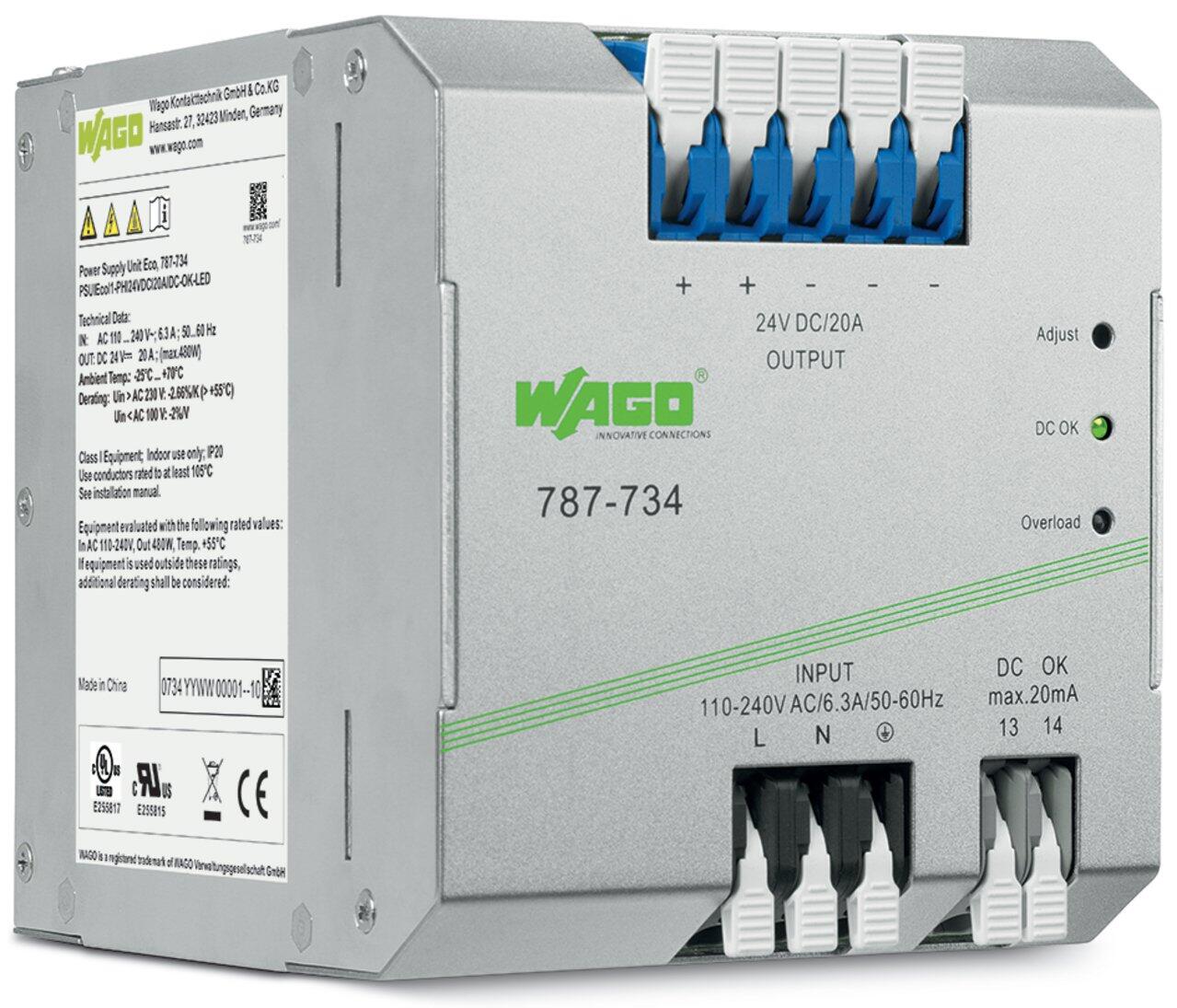 Switched-mode power supply; Eco; 1-phase; 24 VDC output voltage; 20 A output current; DC OK contact; 6,00 mm²