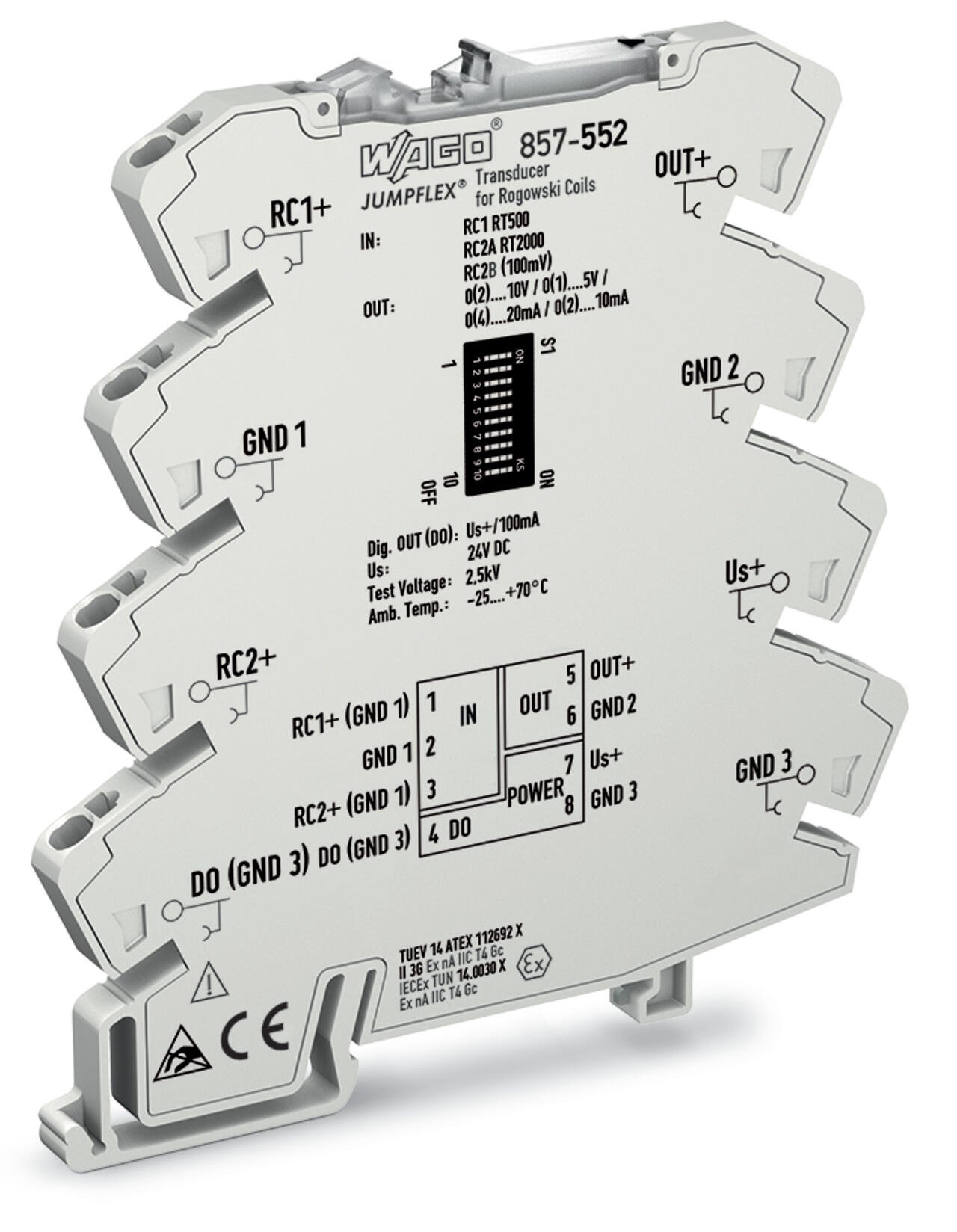 Current signal conditioner; Input for Rogowski coils; Current and voltage output signal; Digital output; Configuration via software; Supply voltage: 24 VDC; 6 mm module width; 2,50 mm²