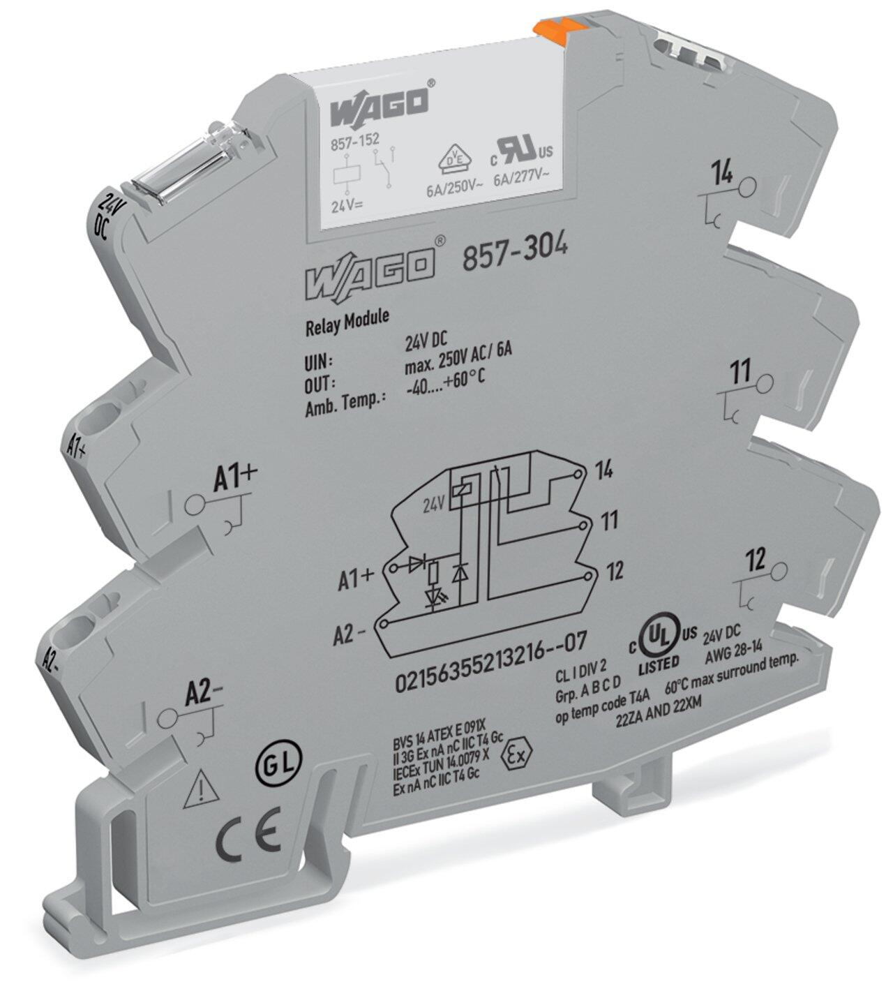 Relay module; Nominal input voltage: 24 VDC; 1 changeover contact; Limiting continuous current: 6 A; Yellow status indicator; Module width: 6 mm; gray