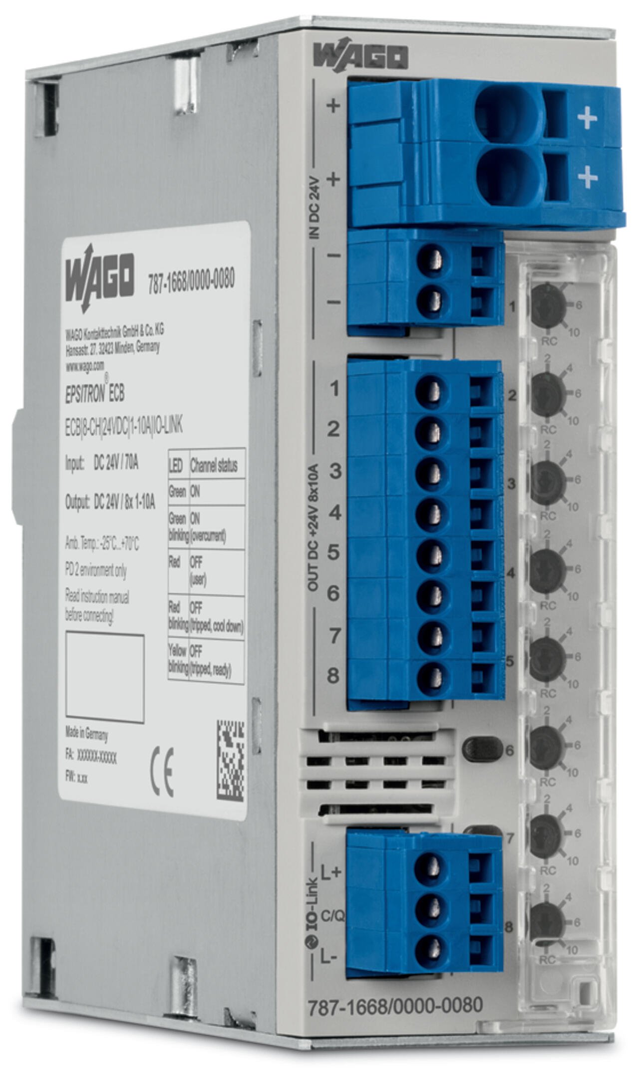 Elektronische beveiligingsschakelaar; 8-kanaals; Ingangsspanning DC 24 V; instelbaar 1 … 10 A; IO-Link