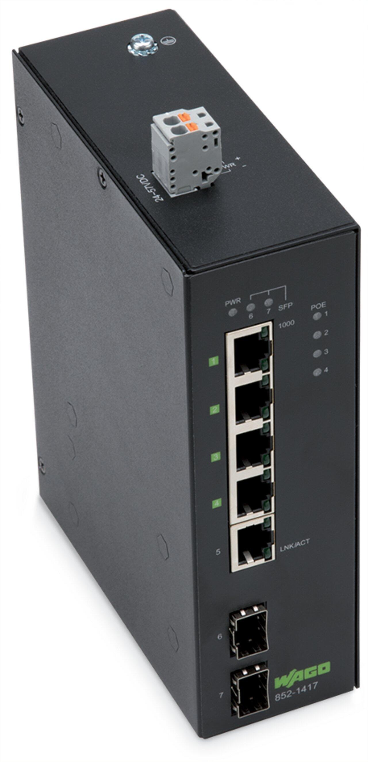 Industrial ECO Switch; 5 ports 1000Base-T; 2 ports 1000BASE-SX/LX; Vergroot temperatuurbereik; 4 * Power over Ethernet