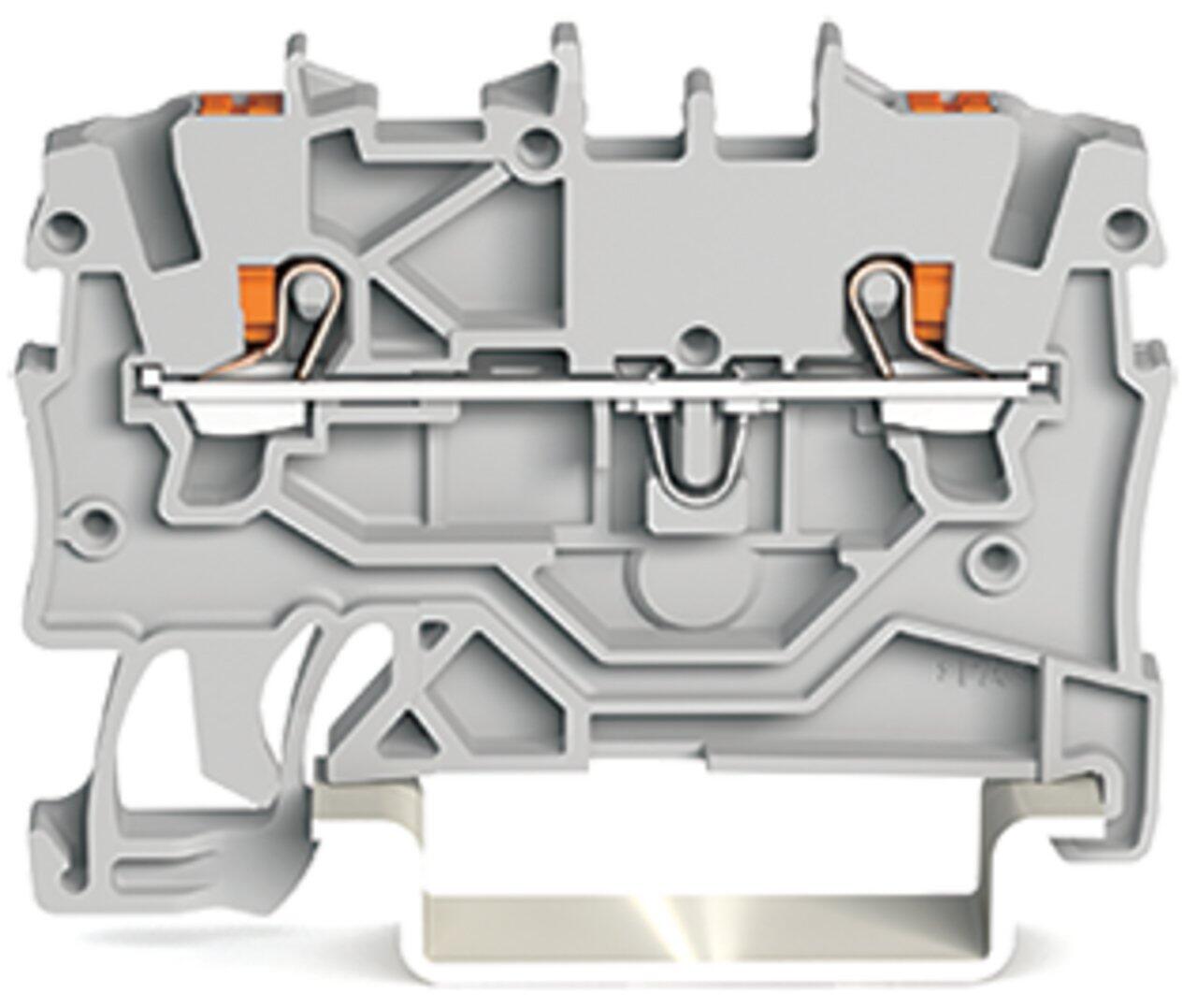 2-Leiter-Durchgangsklemme; mit Drücker; 1 mm²; mit Prüföffnung; seitliche und mittige Beschriftung; für Tragschiene 35 x 15 und 35 x 7,5; Push-in CAGE CLAMP®; 1,00 mm²; grau