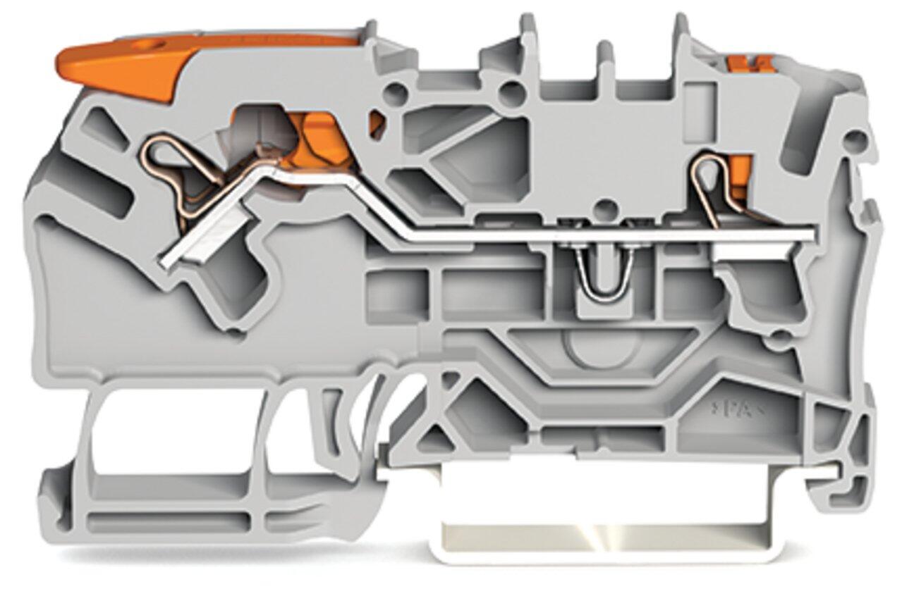 TOPJOB®S feedthrough terminal block with Lever and Push-button; rail mount; 2-conductor; 5.2 mm wide; gray