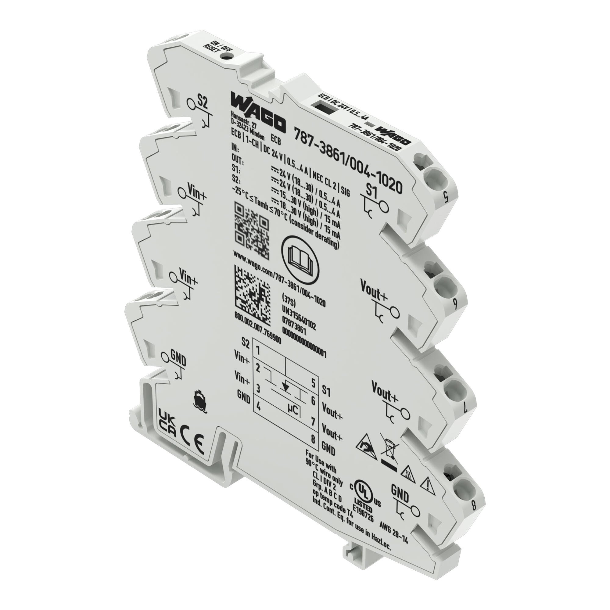 Elektronisk säkring; 1-kanals; 24 VDC inspänning; inställbar 0,5 … 4 A; NEC klass 2; Signalkontakt