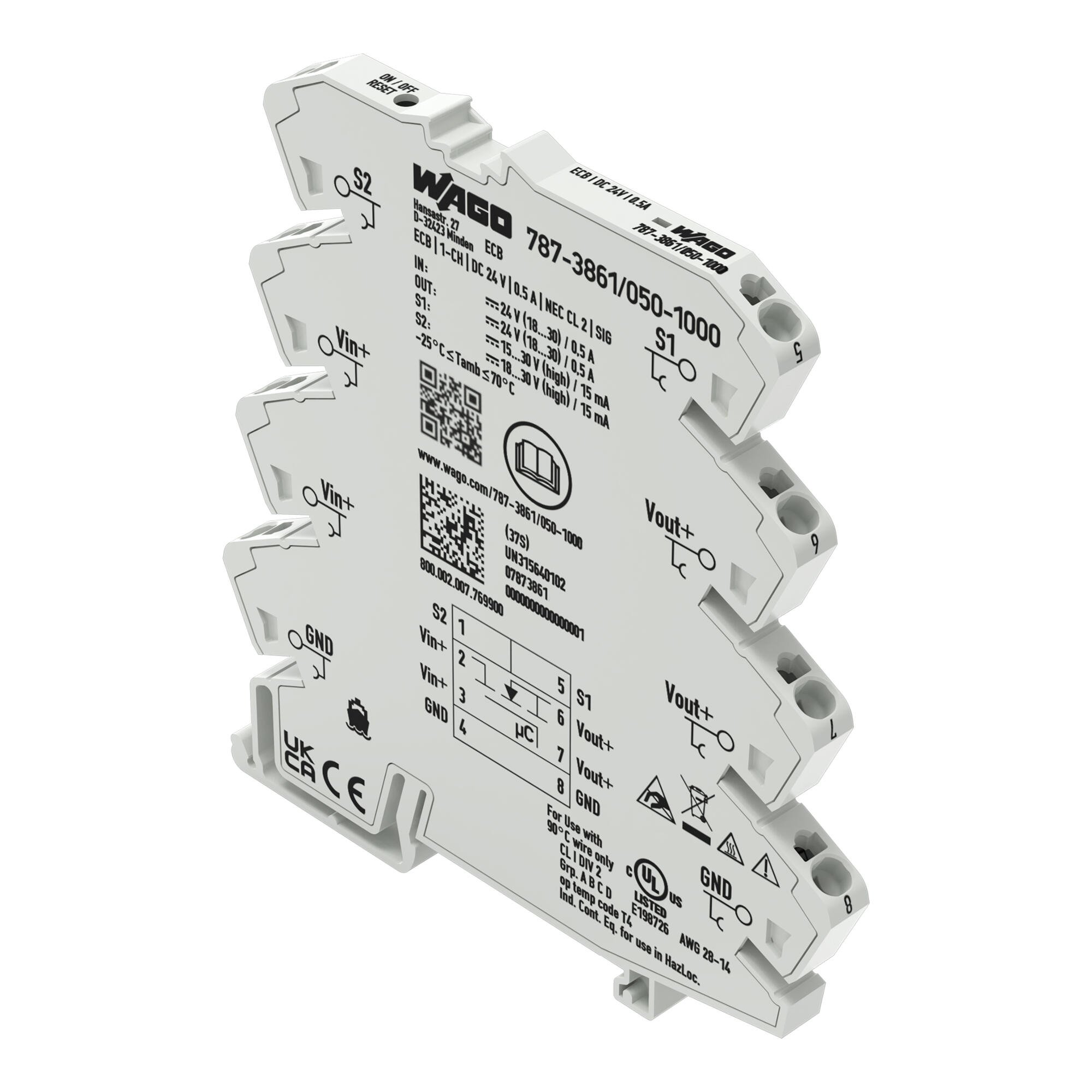Elektronisk säkring; 1-kanals; 24 VDC inspänning; 0,5 A; NEC klass 2; Signalkontakt