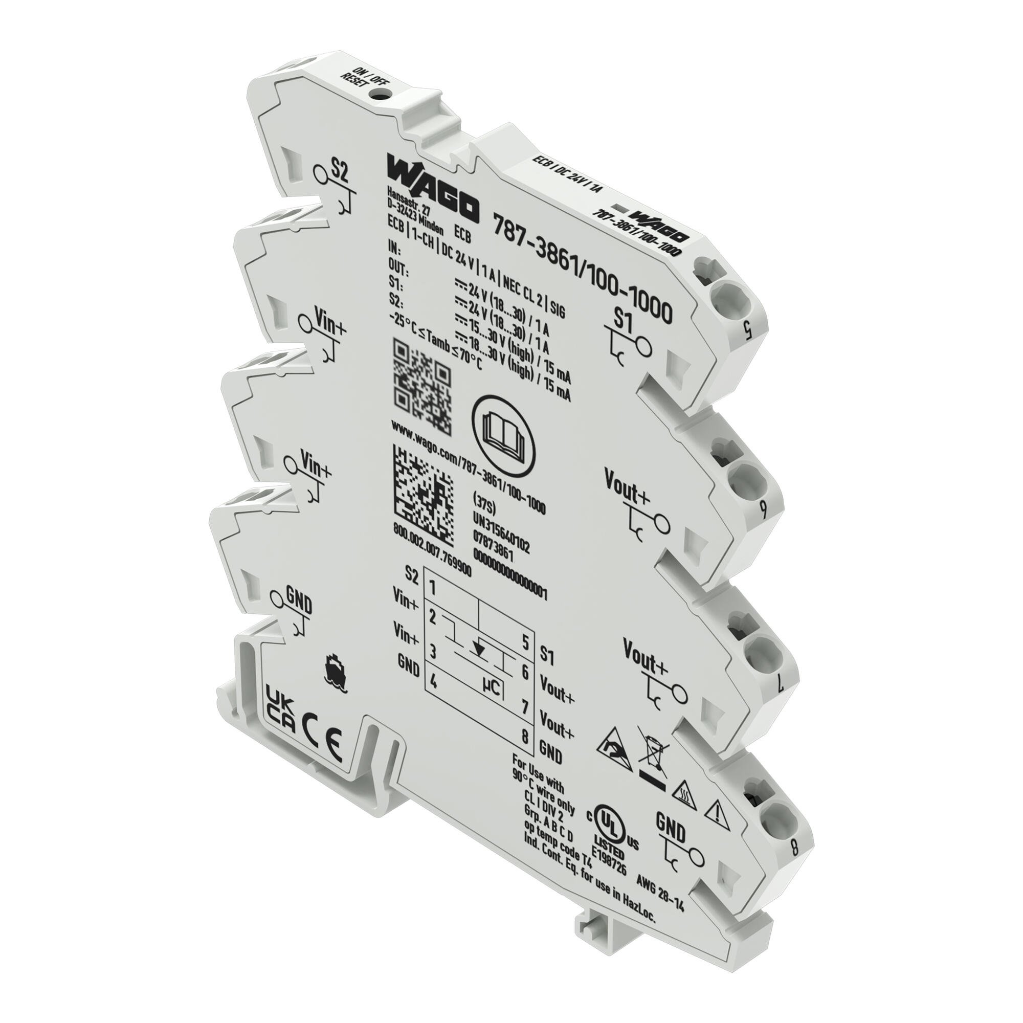 Elektronisk säkring; 1-kanals; 24 VDC inspänning; 1 A; NEC klass 2; Signalkontakt