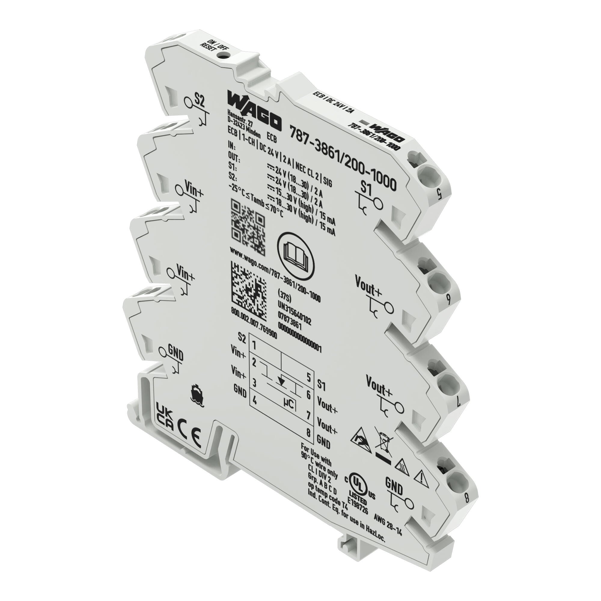 Elektronisk säkring; 1-kanals; 24 VDC inspänning; 2 A; NEC klass 2; Signalkontakt