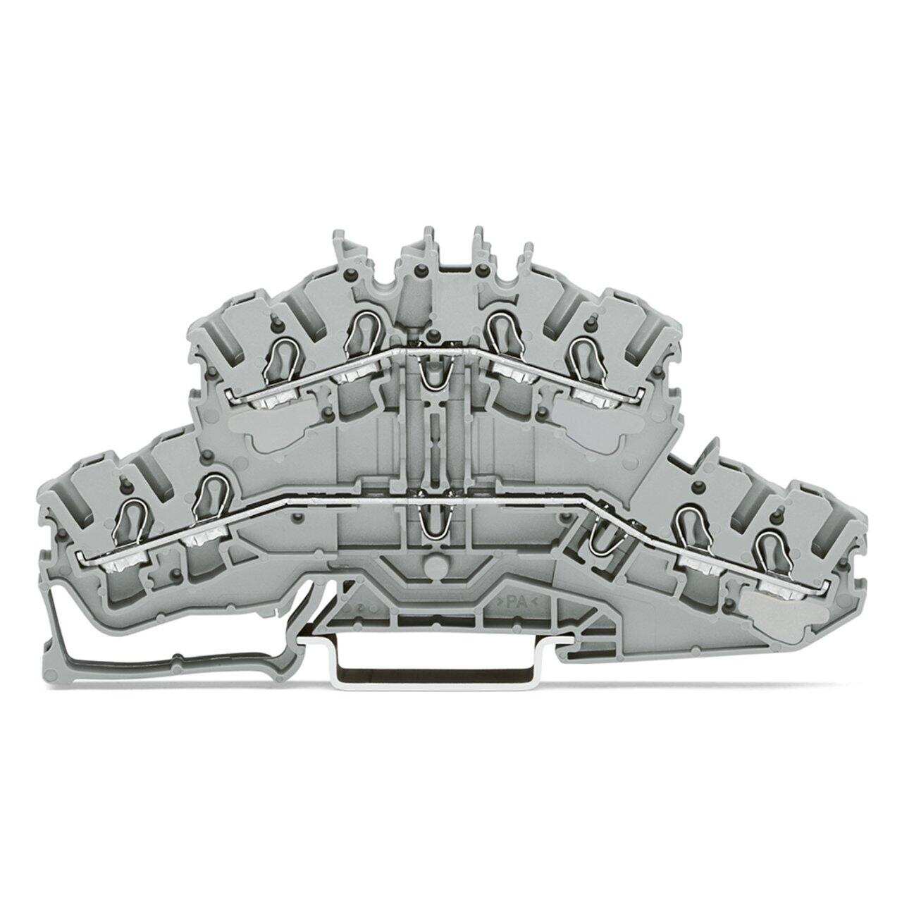 Borne à deux étages pour 4 conducteurs; Borne de passage / passage; L/L; sans support de marquage; Pour rail 35 x 15 et 35 x 7,5; 2,5 mm²; Push-in CAGE CLAMP®; 2,50 mm²; gris