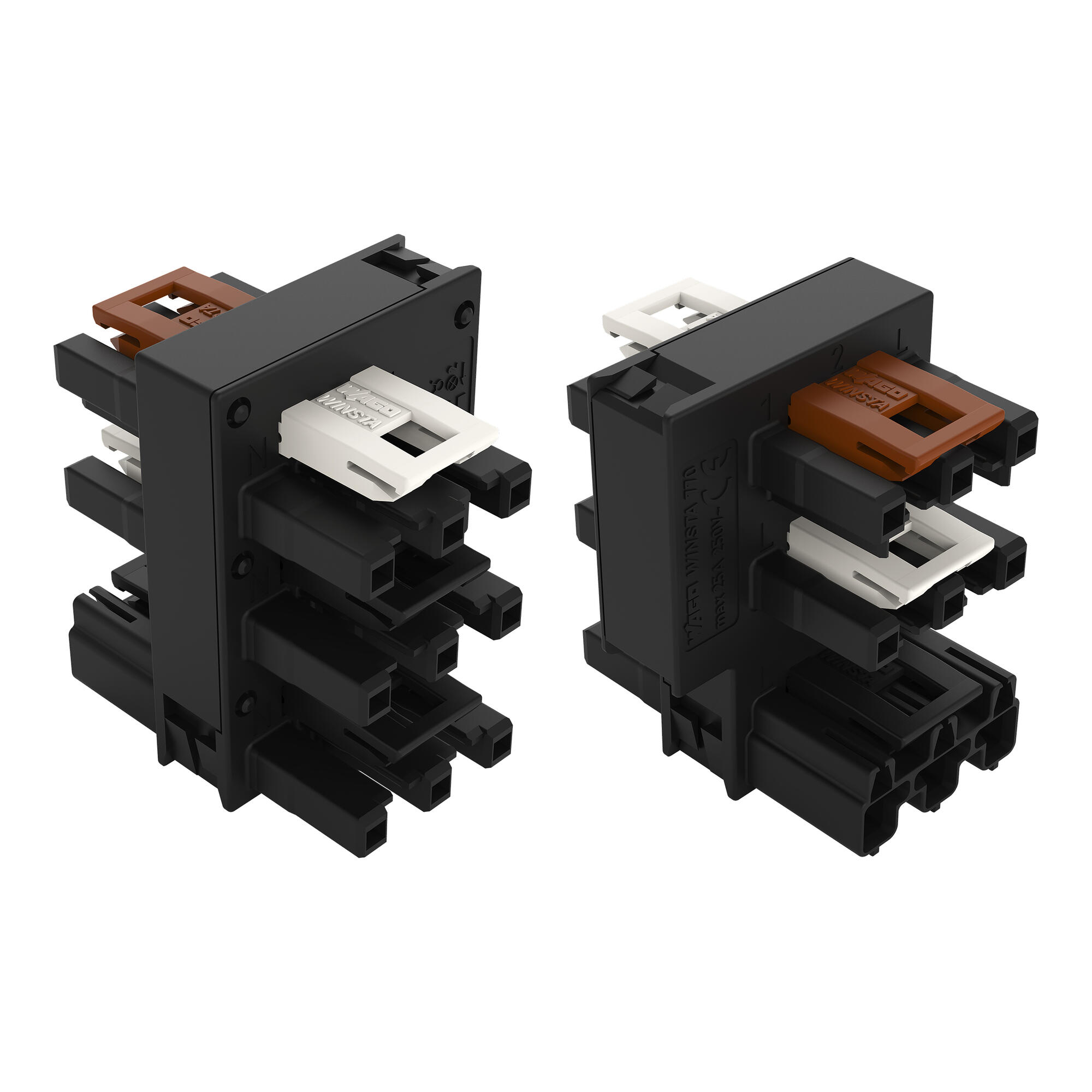 Distribution connector for switches; Single-pole switch and series circuit; 3-pole; Cod. A/S; 1 input; 5 outputs; black