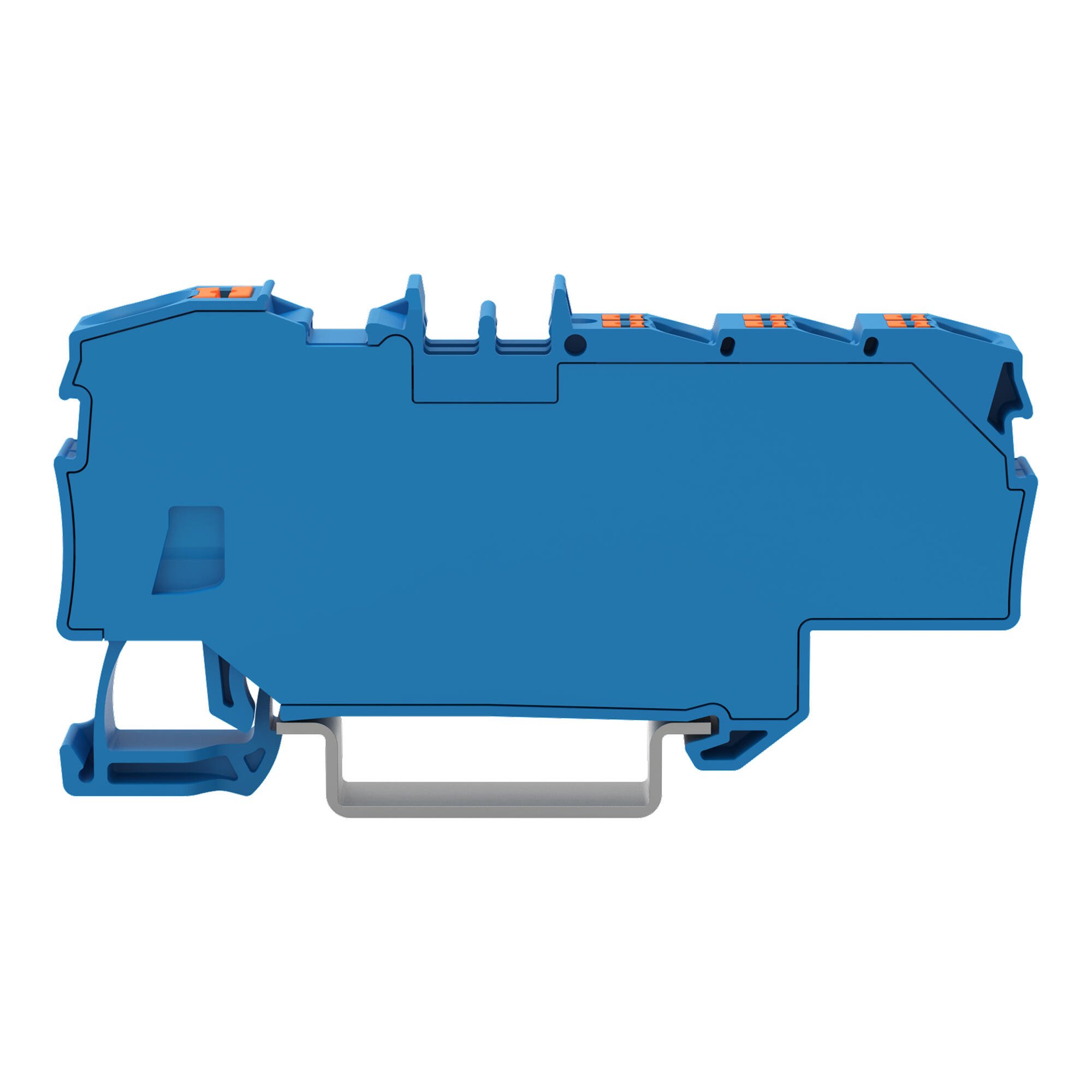 Distribution terminal block; with push-button; 1 x 6 mm² / 6 x 1.5 mm²; with integrated end plate; for Ex e II and Ex i applications; side and center marking; for DIN-rail 35 x 15 and 35 x 7.5; Push-in CAGE CLAMP®; 6,00 mm²; blue