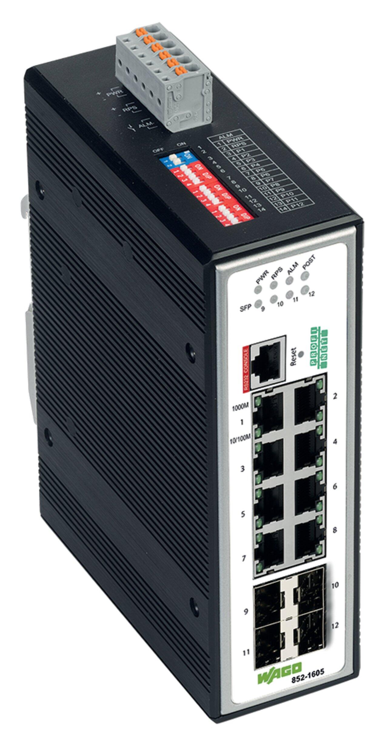 Industrial Managed Switch; 8 Ports 1000Base-T; 4-Slot 1000BASE-SX/LX; PROFINET; Extended temperature range; black metallic