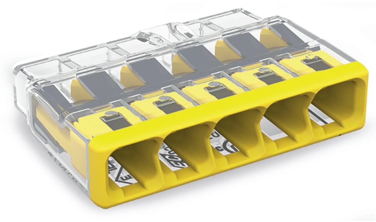 COMPACT PUSHWIRE® splicing connector; for solid and stranded conductors; max. 12 AWG; 5-conductor; transparent housing; yellow cover