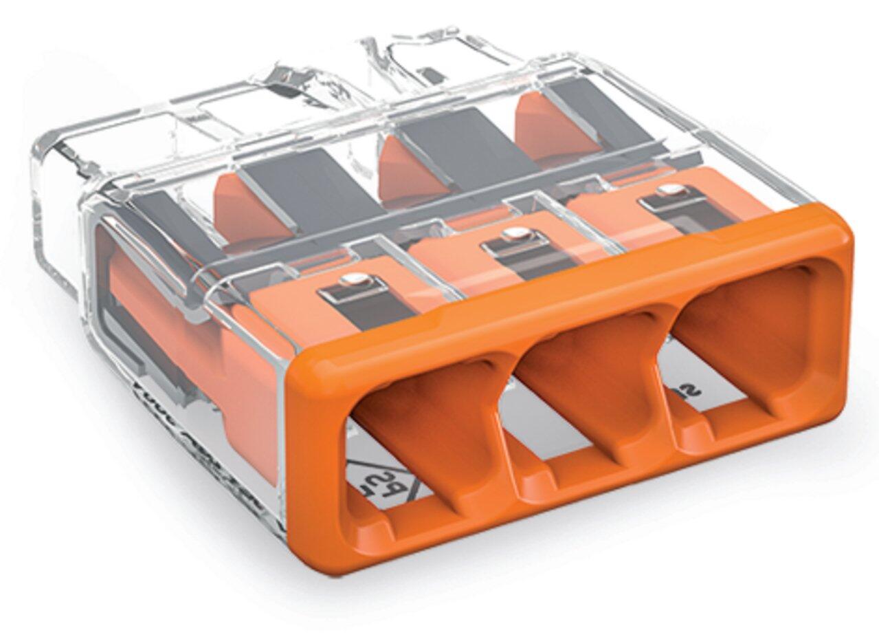 COMPACT PUSHWIRE® splicing connector; for solid and stranded conductors; max. 12 AWG; 3-conductor; transparent housing; orange cover