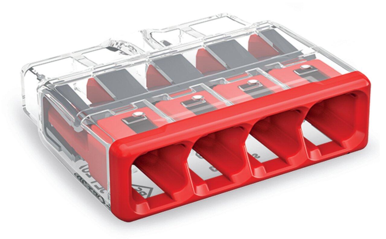 COMPACT PUSHWIRE® splicing connector; for solid and stranded conductors; max. 12 AWG; 4-conductor; transparent housing; red cover