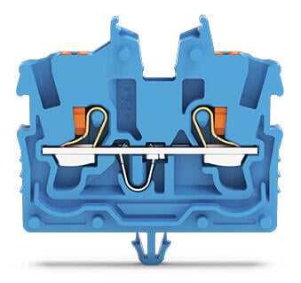 Regletă de trecere mini cu 2 conductori; cu buton cu reţinere; 1 mm²; cu picior de montare cu înclichetare; marcare laterală şi centru; cu port test; CAGE CLAMP® înclichetare; 1,00 mm²; albastru