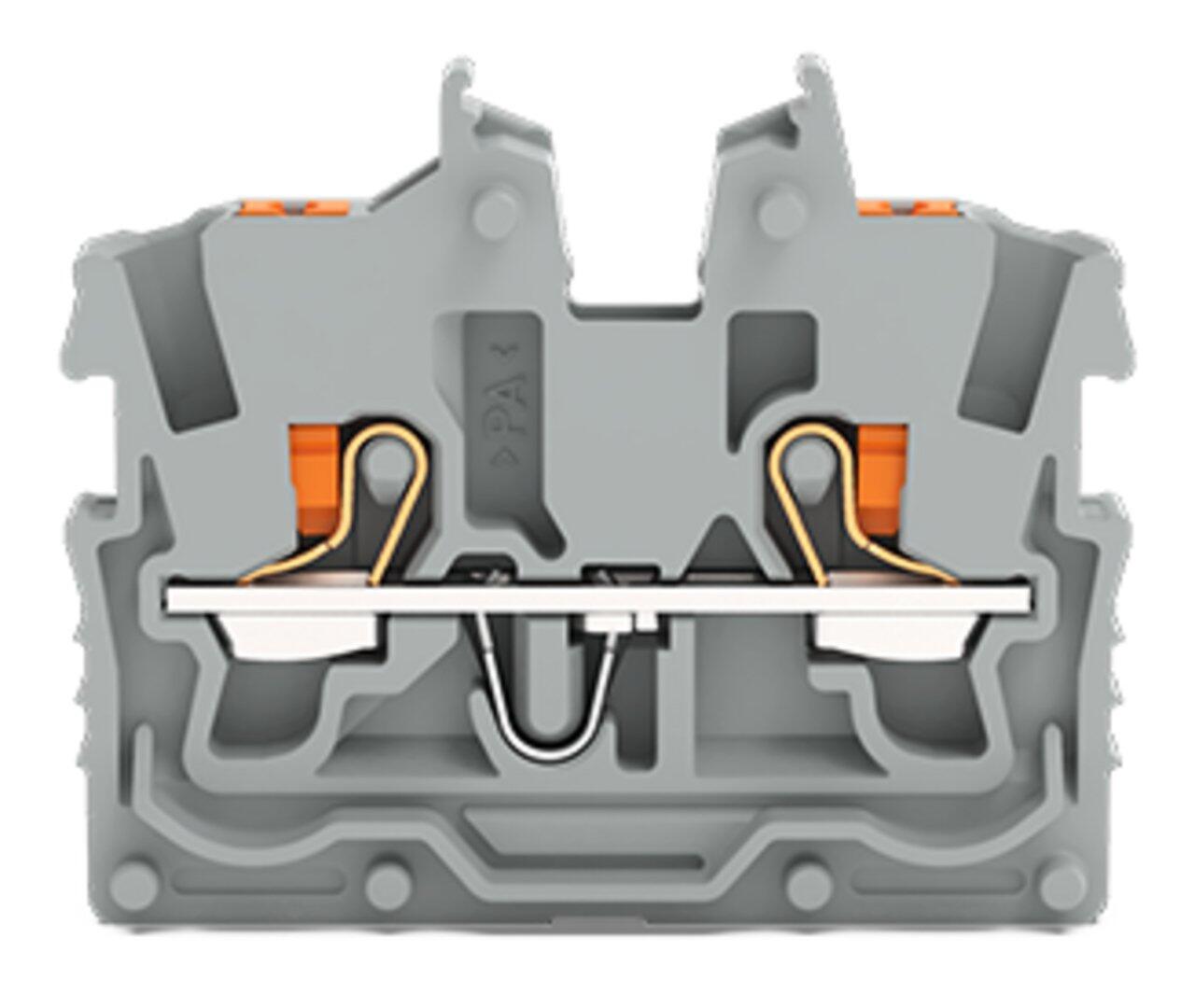2 線小型普通接線端子台; 帶推壓鍵; 1 mm²; 中間用接線端子台，不帶有固定銷釘，不帶有固定耳; 中心和側面標記; 帶有測試連接埠; Push in CAGE CLAMP®; 1,00 mm²; 灰色