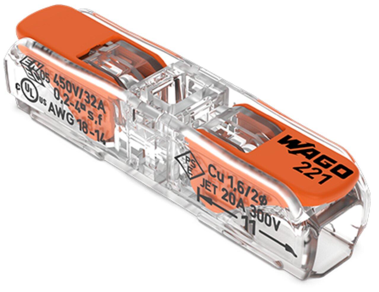 Inline splicing connector with levers; for all conductor types; max. 4 mm²; 2-conductor; transparent housing; Transparent cover; Surrounding air temperature: max 85°C (T85); 4,00 mm²; transparent