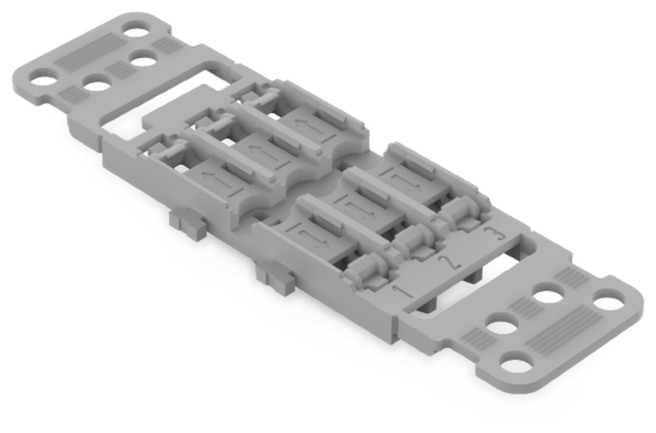 adapter montaż. z odciążeniem przewodów; 3-torowy; do przelot. złączki instal. z dźwignią; ze stopką zatrzaskową; szary