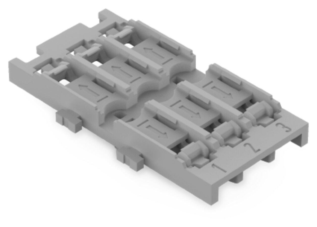 adapter montażowy; 3-torowy; do przelot. złączki instal. z dźwignią; ze stopką zatrzaskową; szary
