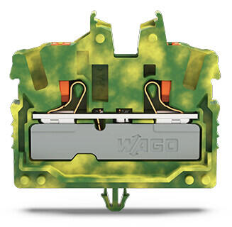 Mini-genomgångsplint, 2 ledare; med tryckknapp; 2,5 mm²; med snäppfäste; sid- och mittmärkning; med testuttag; Push-in CAGE CLAMP®; 2,50 mm²; grön-gul