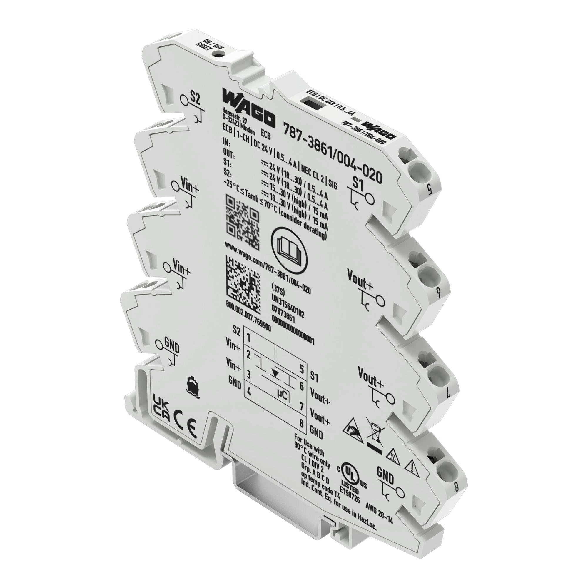 Elektronisk säkring; 1-kanals; 24 VDC inspänning; inställbar 0,5 … 4 A; Signalkontakt