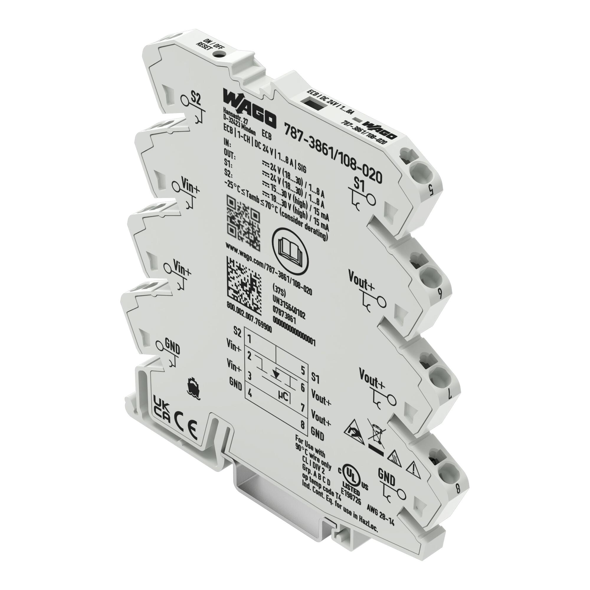 Elektronisk säkring; 1-kanals; 24 VDC inspänning; inställbar 1 … 8 A; Signalkontakt